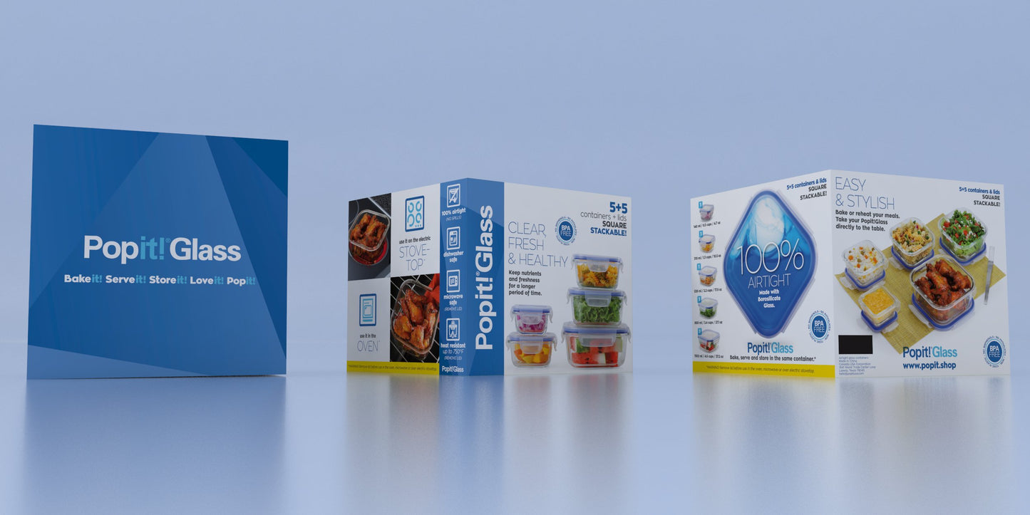 5+5 Square Popit! Glass Set - Airtight, Freezer & Oven Safe Borosilicate Glass