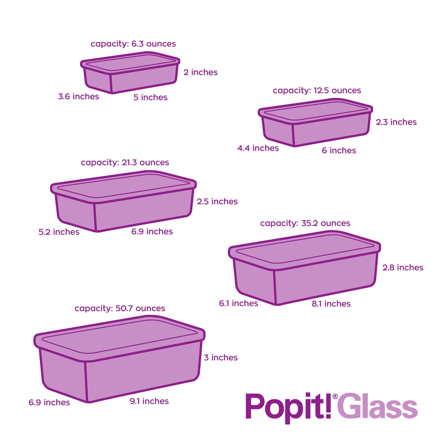5+5 Rectangular Popit! Glass Set - Airtight, Freezer & Oven Safe Borosilicate Glass