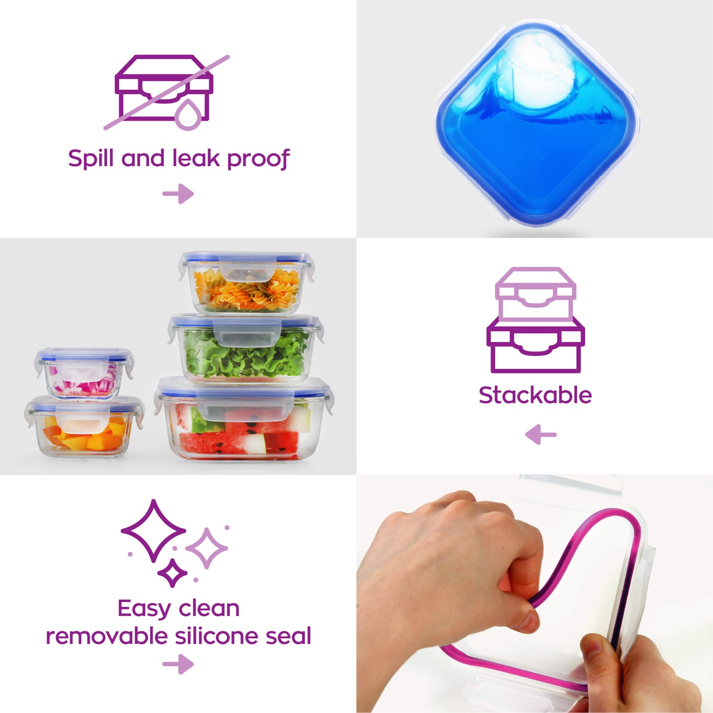 5+5 Square Popit! Glass Set - Airtight, Freezer & Oven Safe Borosilicate Glass