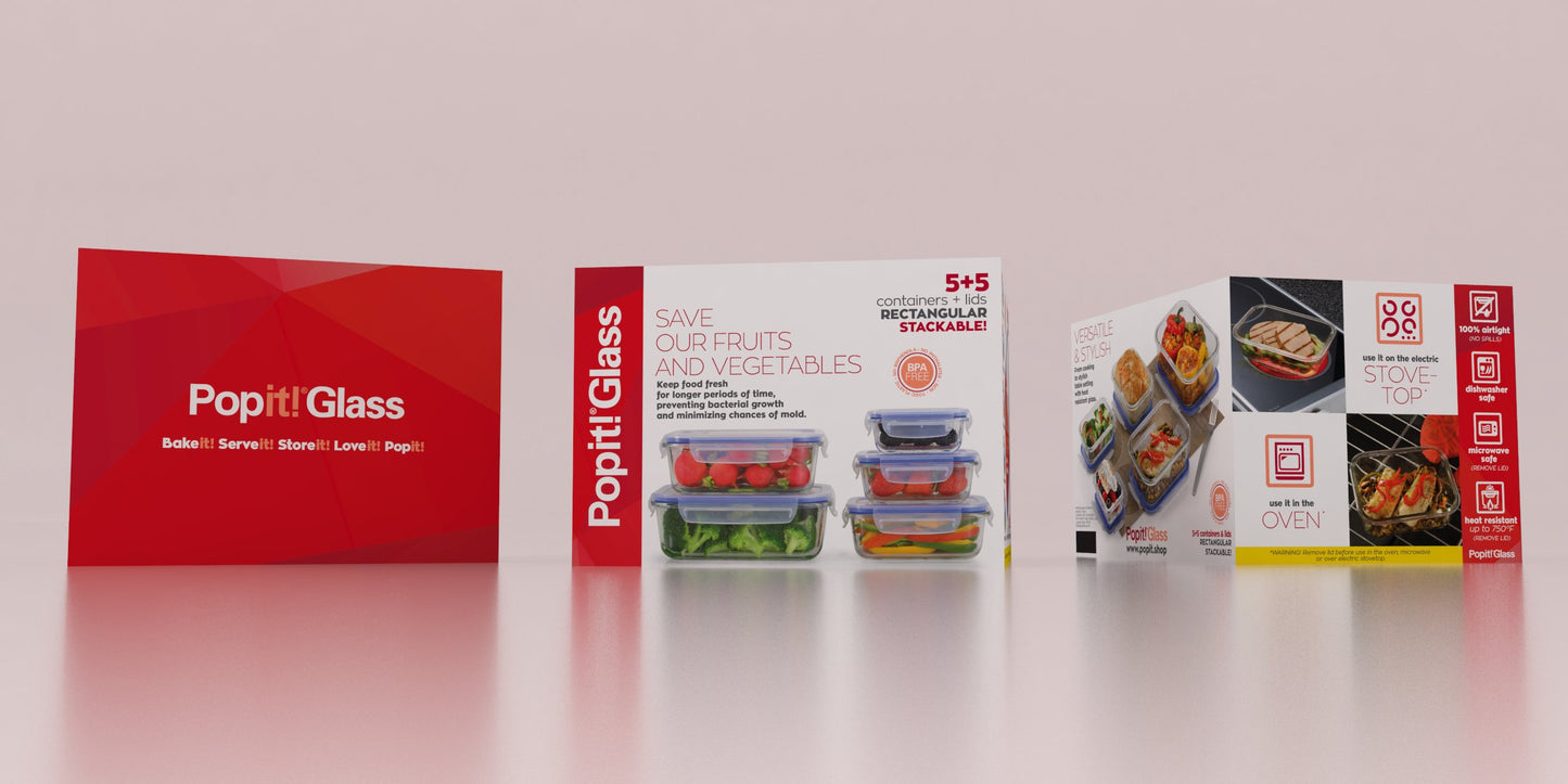 5+5 Rectangular Popit! Glass Set - Airtight, Freezer & Oven Safe Borosilicate Glass