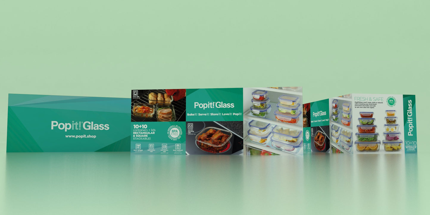 10+10 Mix Popit! Glass Set - Airtight, Freezer & Oven Safe Borosilicate Glass